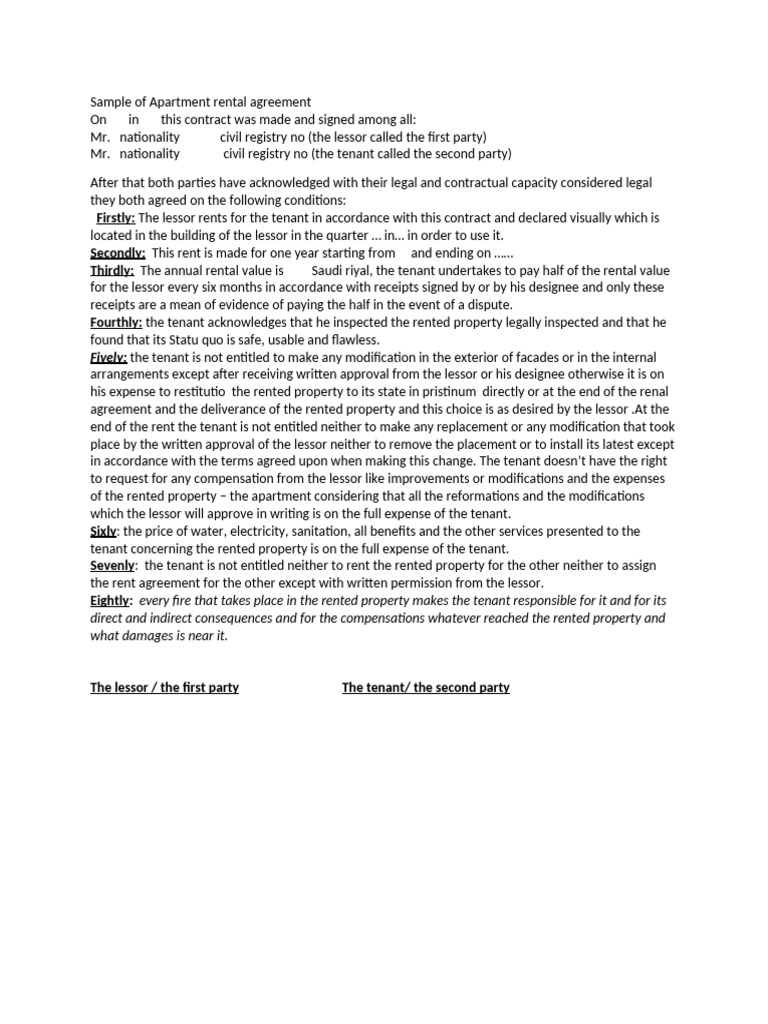 Sample of Apartment rental agreement نموذج عقد ايجار شقة | PDF | Lease ...