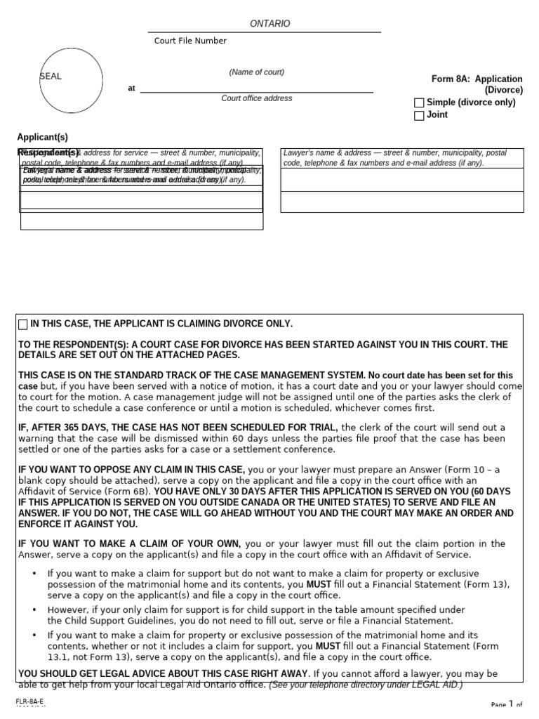 Ontario Joint Divorce Application Form | PDF | Child Support | Divorce