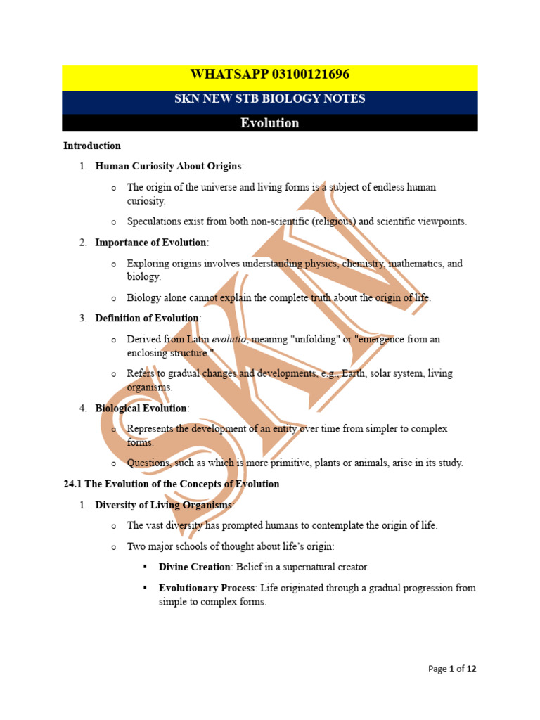 SKN Biology Notes: Evolution Overview | PDF | Natural Selection | Evolution