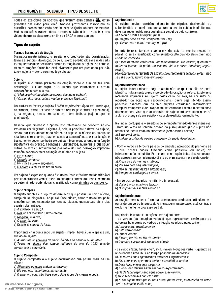 Tipos de Sujeito na Língua Portuguesa | PDF | Assunto (gramática) | Pronome