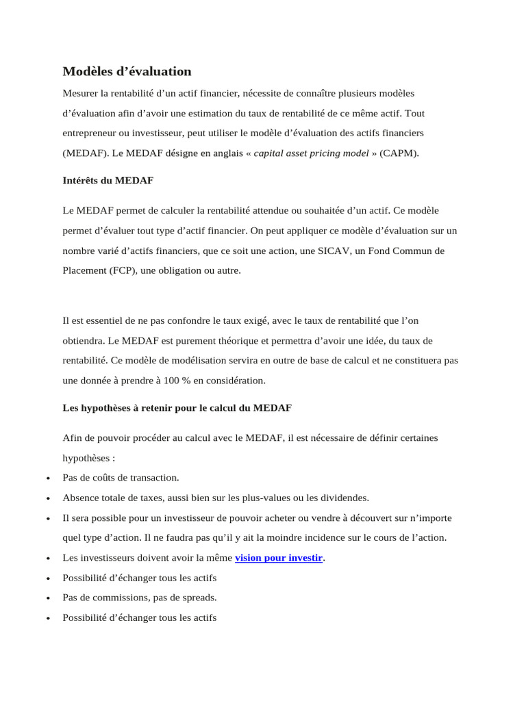 Calcul du MEDAF pour l'évaluation financière | PDF | Modèle d ...