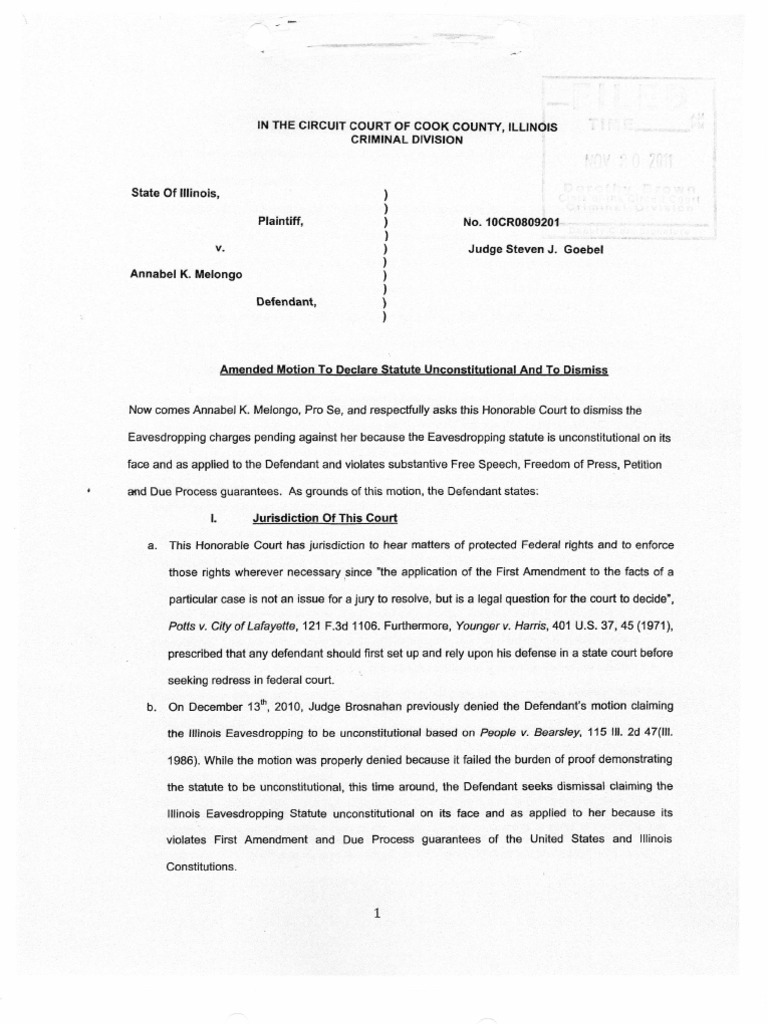 Amended Motion To Dismiss Illinois Eavesdropping Case First Amendment