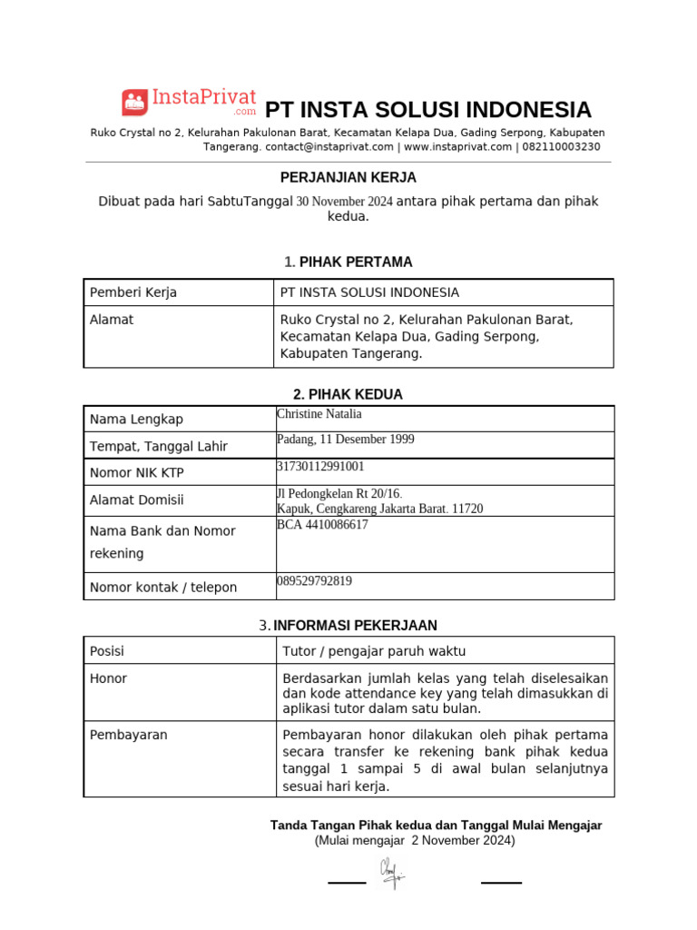Tutor Agreement Surat Perjanjian Christine Natalia PDF