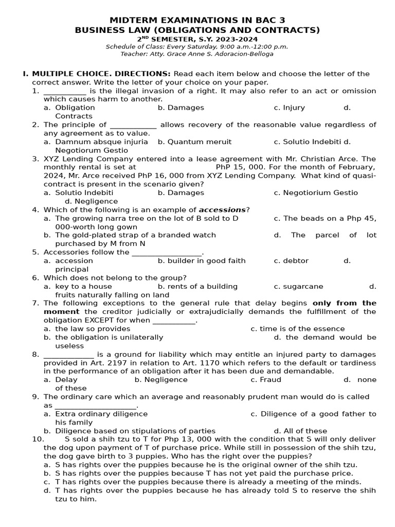 Business Law Midterm Exam BAC 3 | PDF | Common Law | Private Law