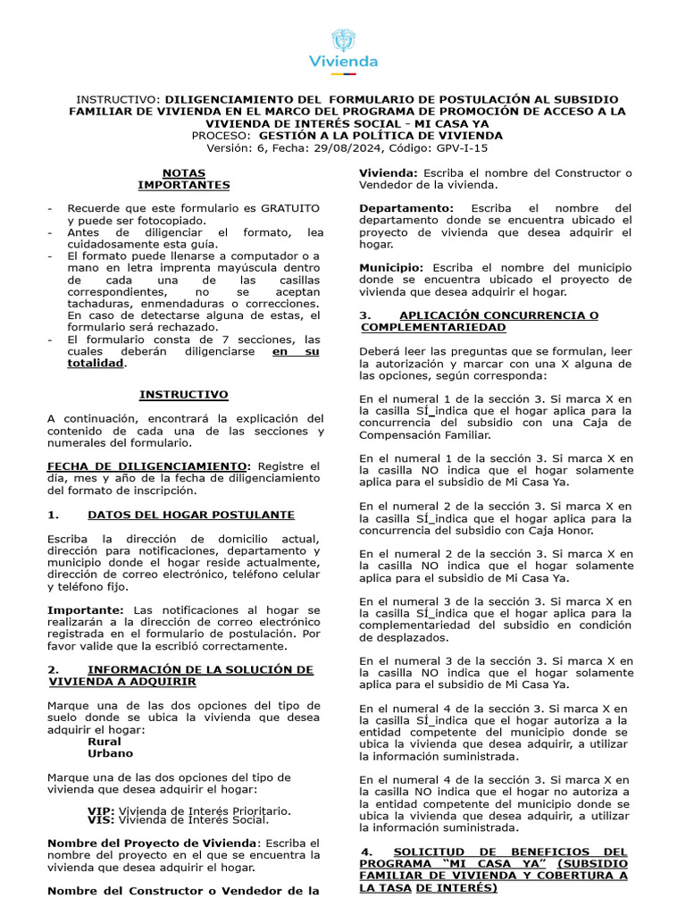 Guía para Diligenciar Formulario Mi Casa Ya | PDF | Documento de ...