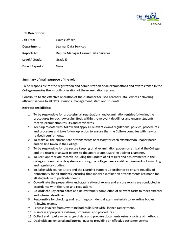 Exams Officer Role Overview | PDF