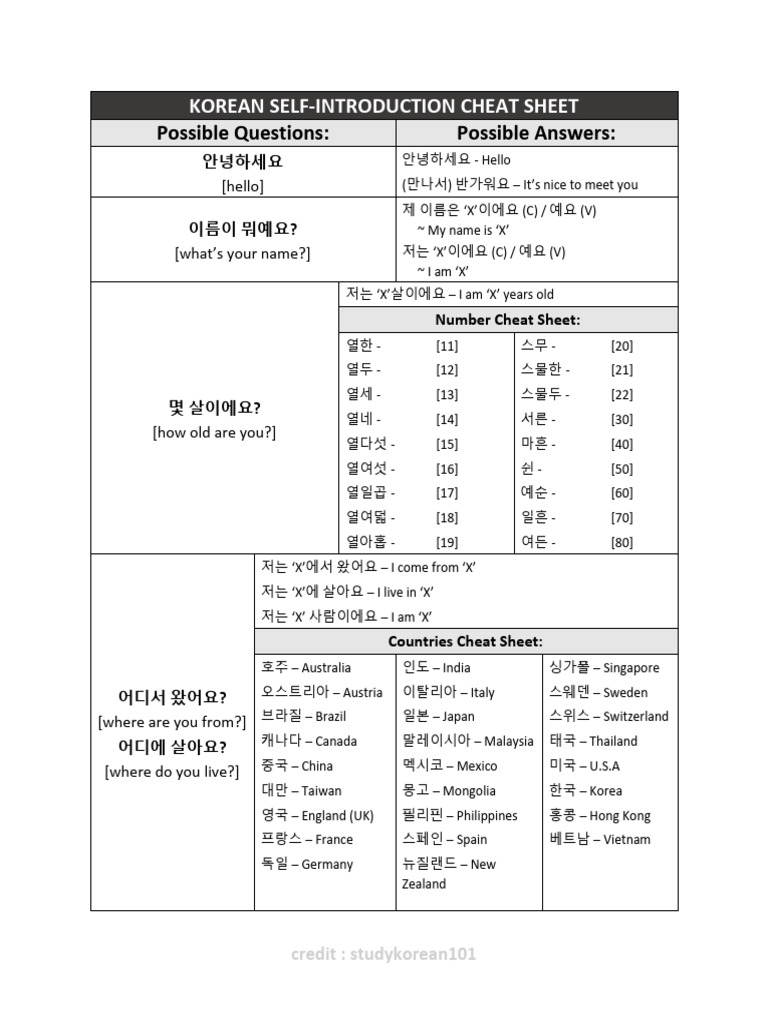 Korean Phrases Cheat Sheet | PDF