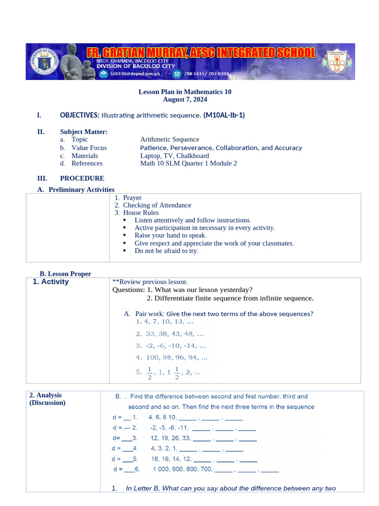 Mathematics 10 Lesson Plan: Arithmetic Sequences | PDF