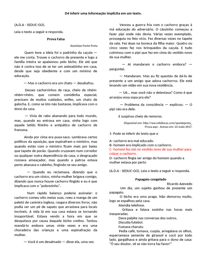 D4 - Inferir Uma Informação Implícita em Um Texto. | PDF | Semente | Cães