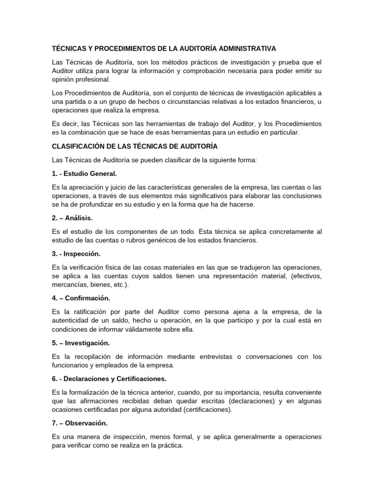 Técnicas y Procedimientos de Auditoría | PDF | Auditoría | Contralor