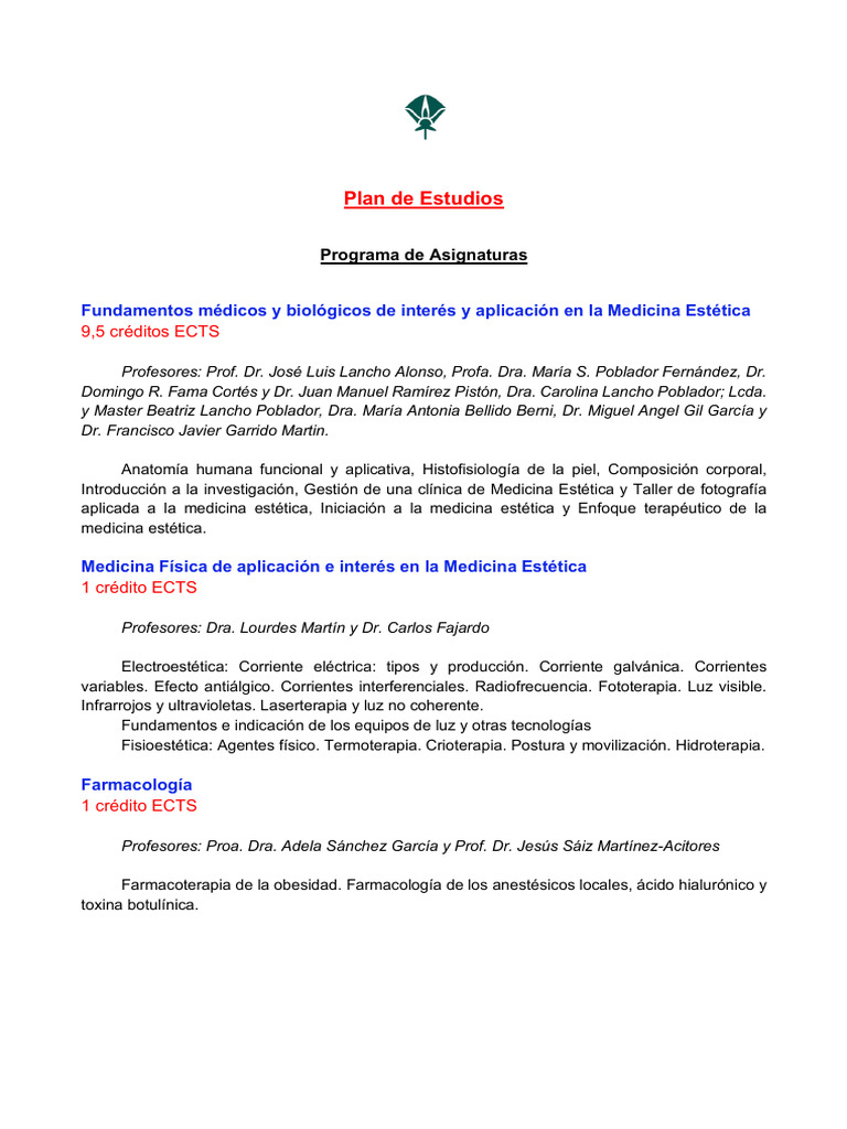 Plan de Estudios en Medicina Estética | PDF | Aprendizaje | Medicina
