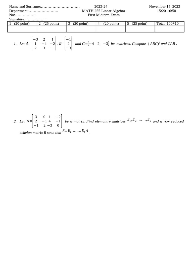 MATH 255 Midterm Exam Questions | PDF