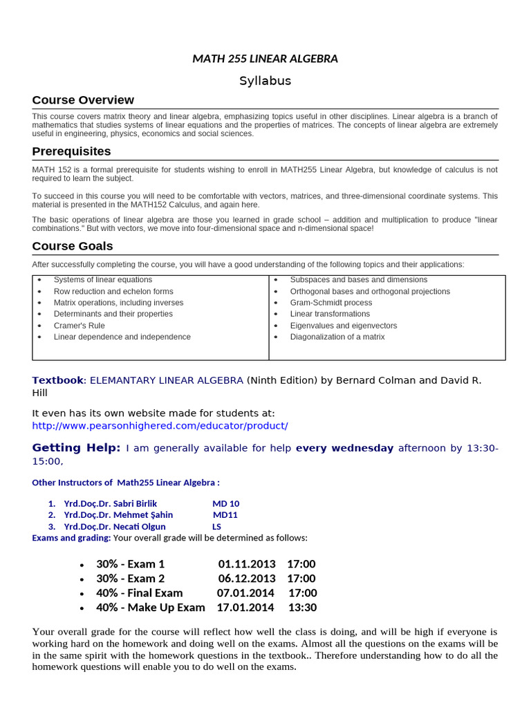 MATH 255 Linear Algebra Syllabus | PDF | Matrix (Mathematics) | Linear ...