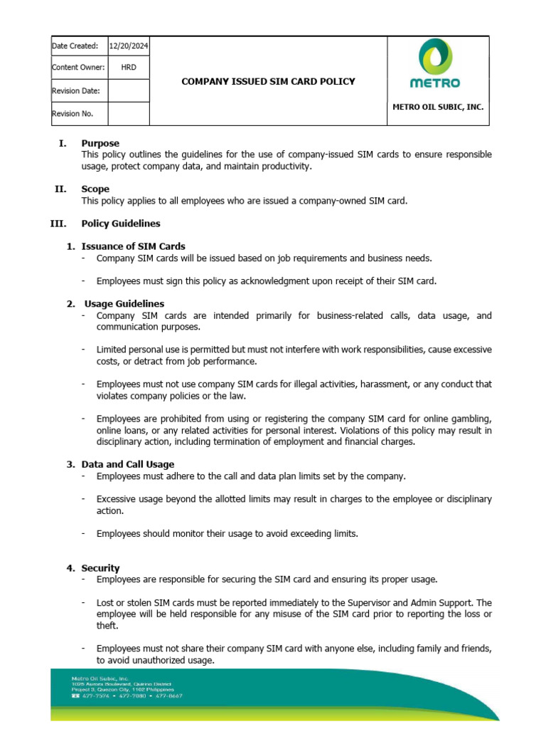 Company Issued SIM Card Policy | PDF | Employment | Business