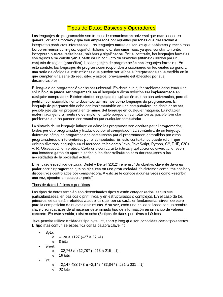 Guía de Java: Tipos y Operadores | PDF | Lenguaje de programación ...