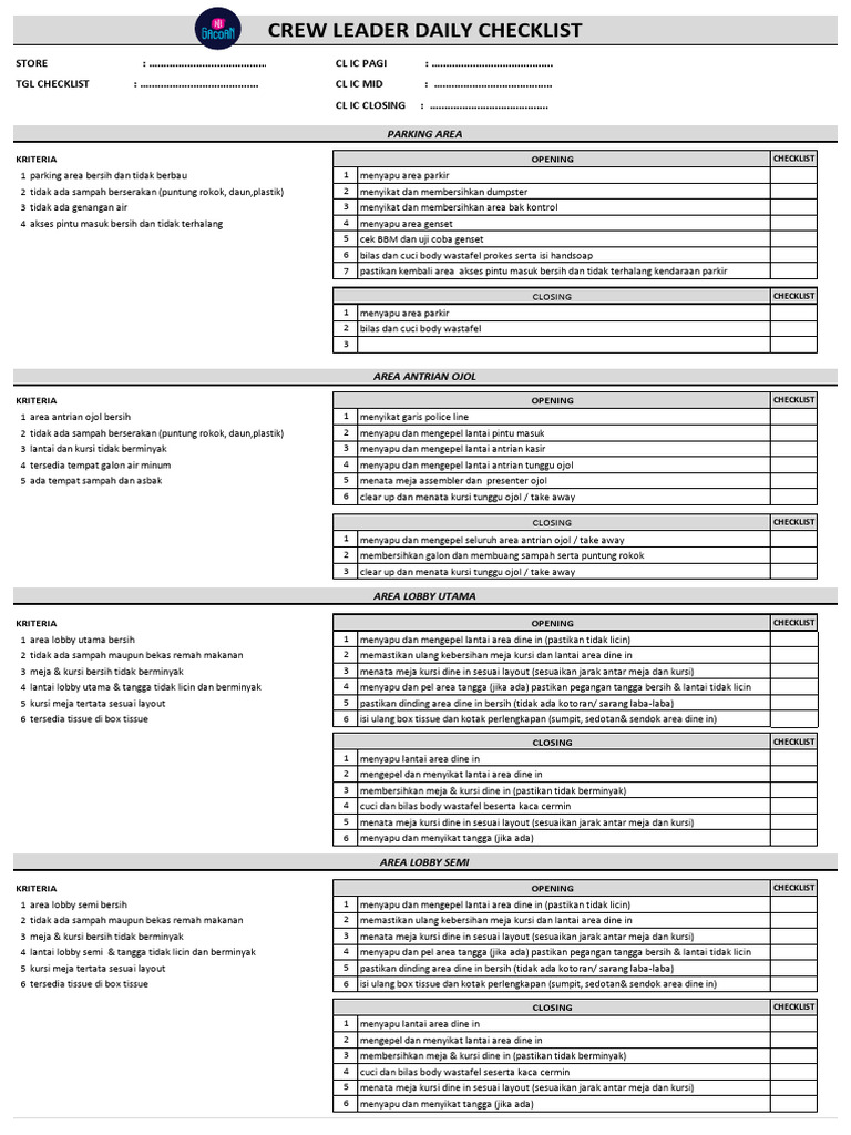 Checklist Kebersihan Harian Area Publik | PDF