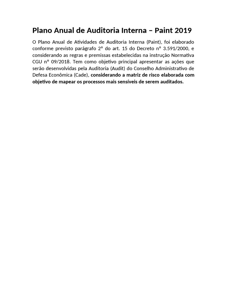 Plano Anual de Auditoria Interna 2019 | PDF