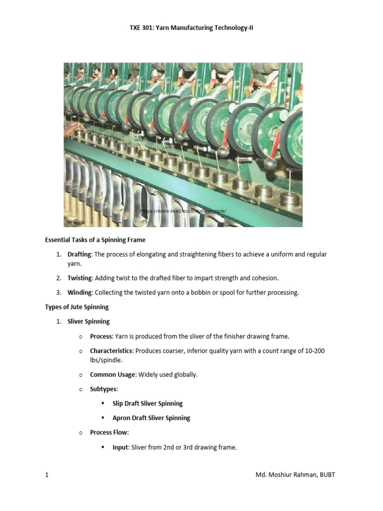 Jute Spinning Process and Techniques | PDF | Spinning (Textiles) | Yarn