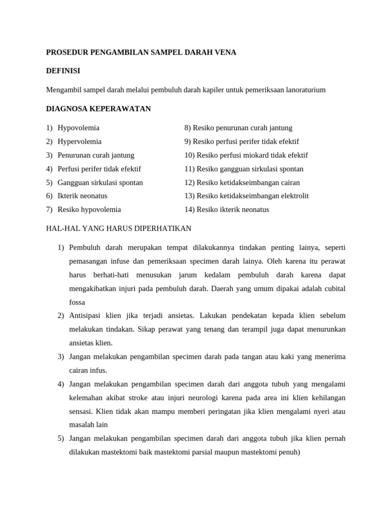 Prosedur Pengambilan Sampel Darah Vena | PDF