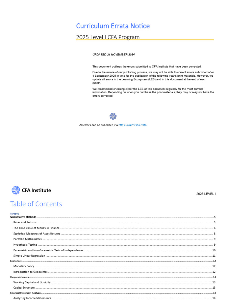 2025 CFA Level I Curriculum Errata | PDF | Statistical Hypothesis ...