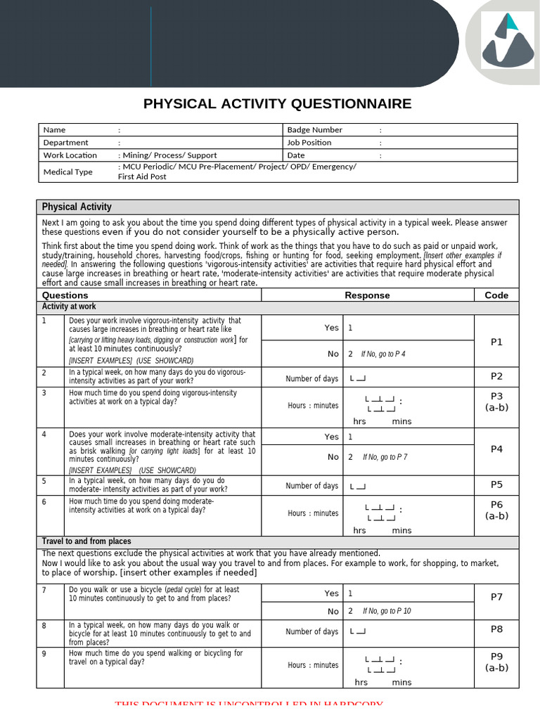 CDC-HRD-000-F202 Pyshical Activity Quetioners - English | PDF