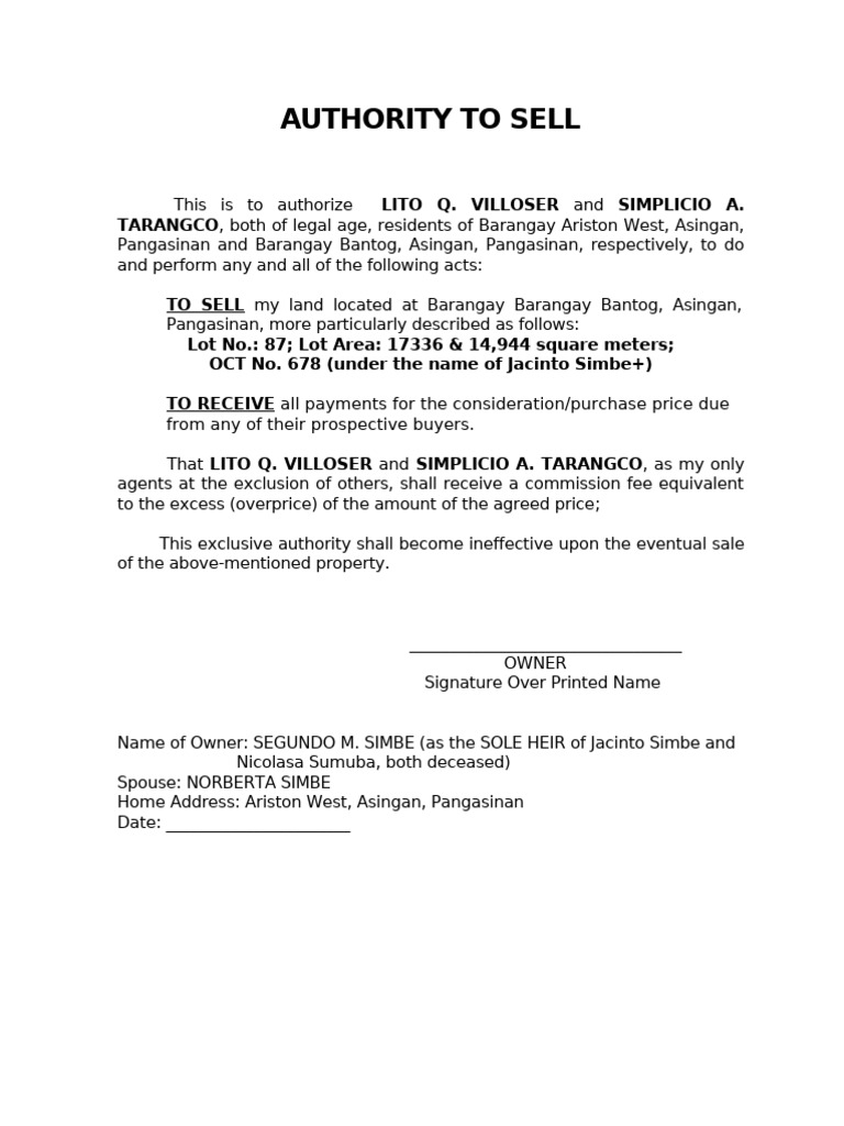 AUTHORITY TO SELL Form | PDF