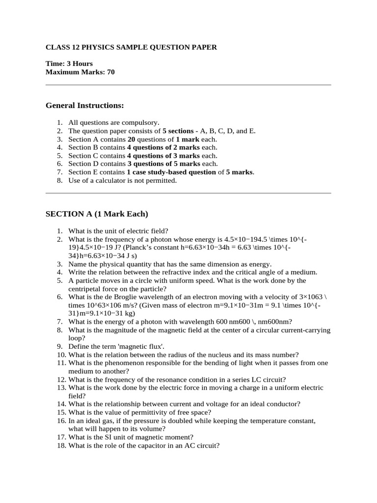 Class 12 Physics Sample Question Paper | PDF | Photoelectric Effect ...