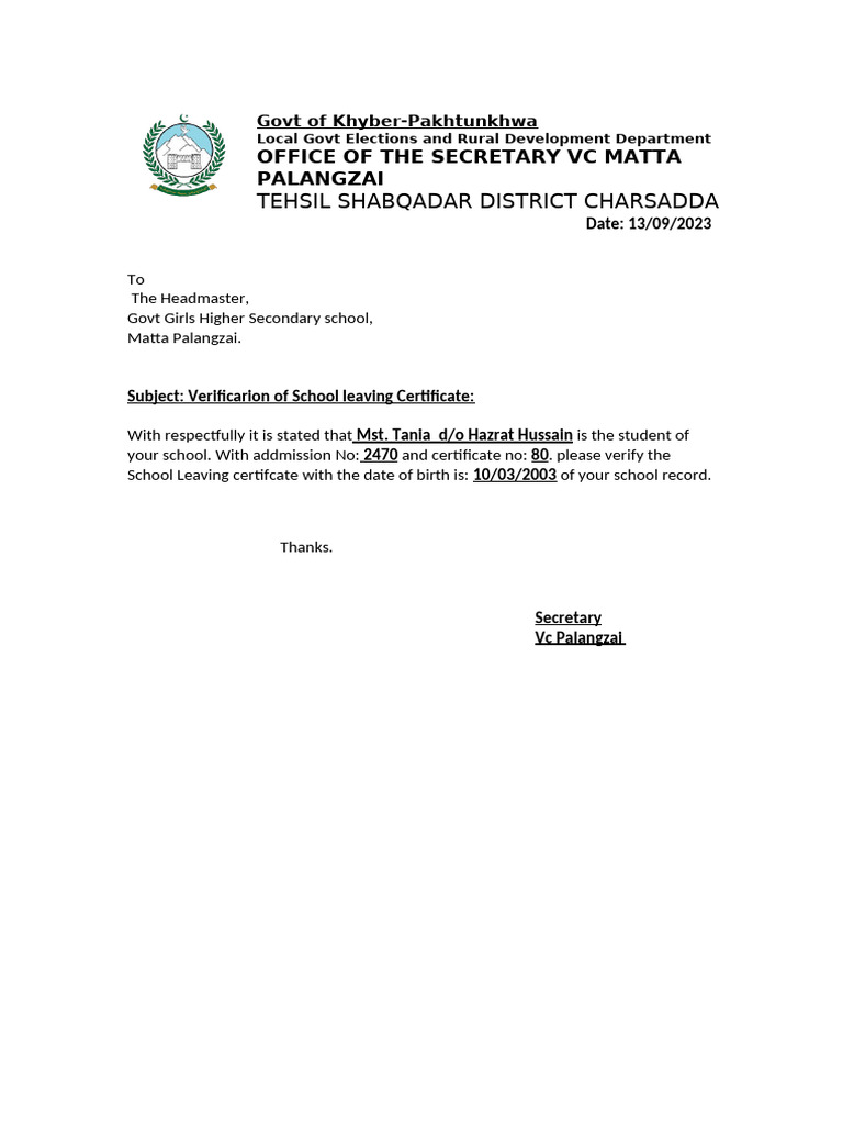 Verification of School Certificate | PDF