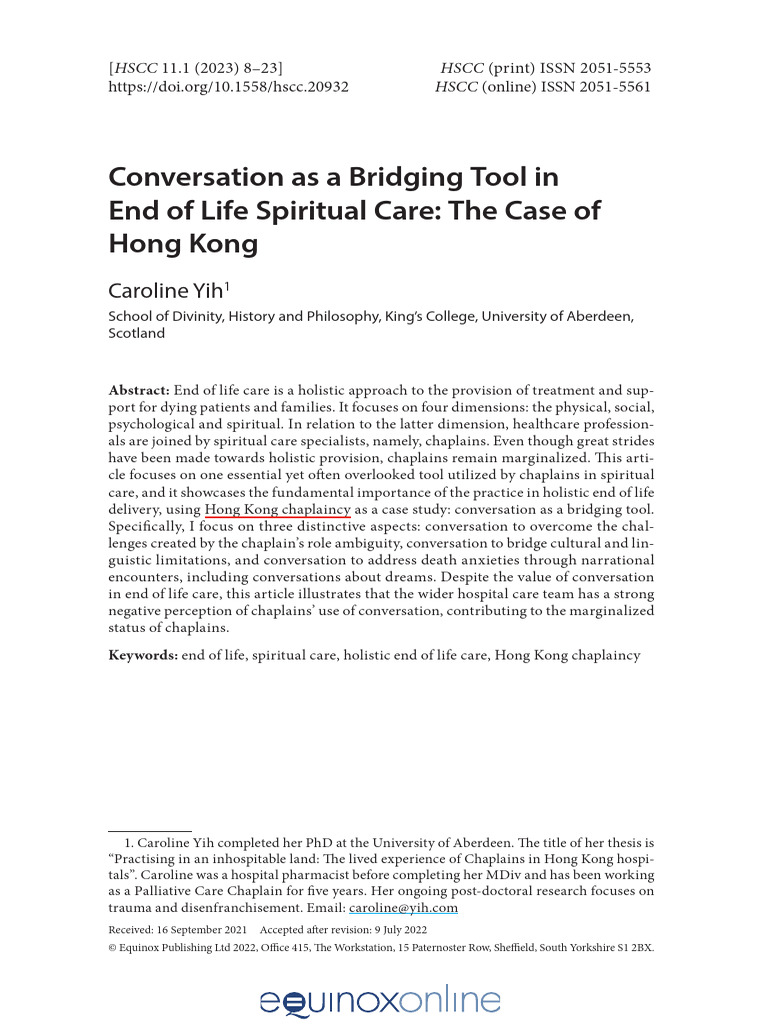 Conversation As A Bridging Tool in End of Life Spiritual Care: The Case ...