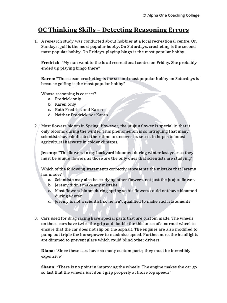 OC Thinking Skills Detecting Reasoning Errors PDF Swimming (Sport)