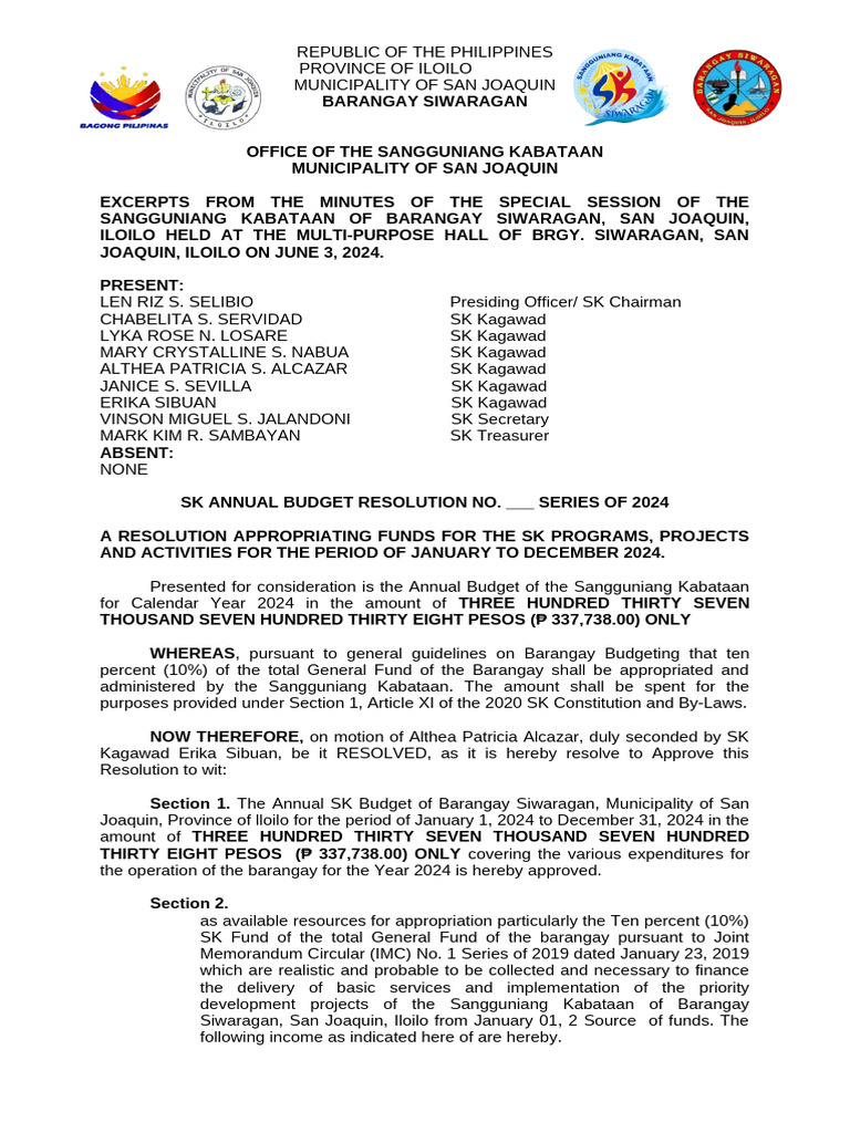 SK Annual Budget Resolution 2024 | PDF | Government