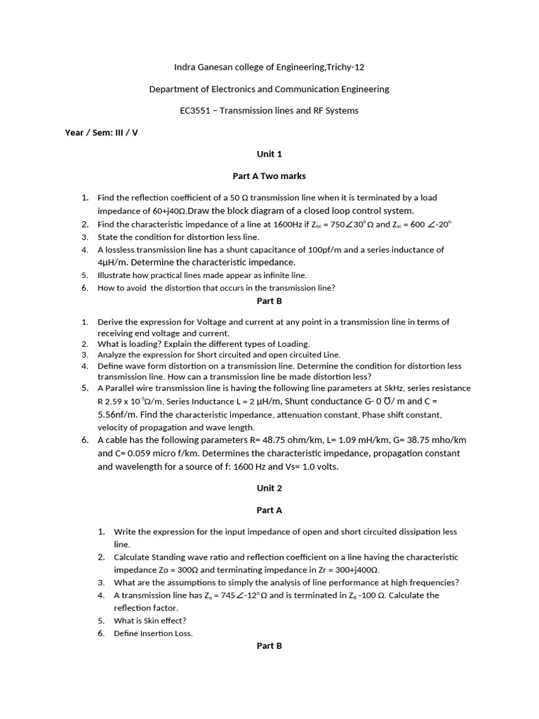 EC3551 Transmission Line and RF Systems | PDF | Transmission Line ...