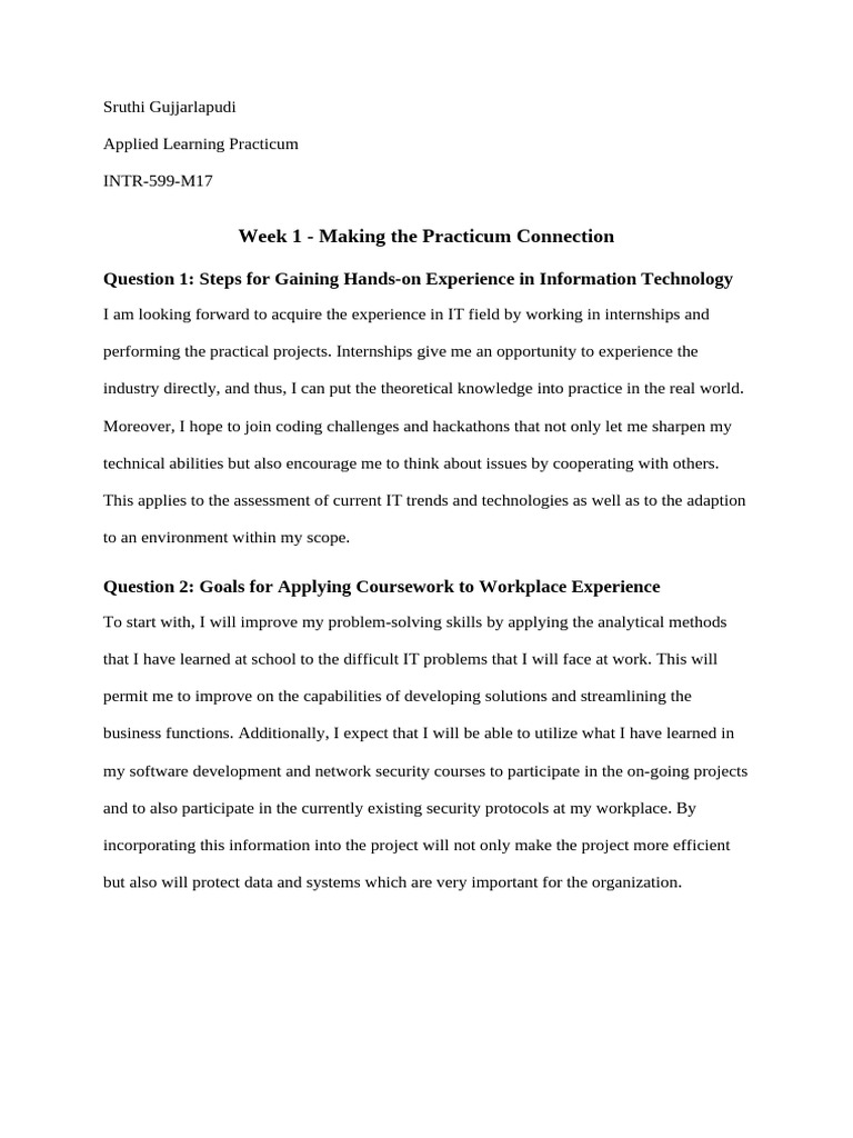 Sruthi Week 1 - Making The Practicum Connection | PDF