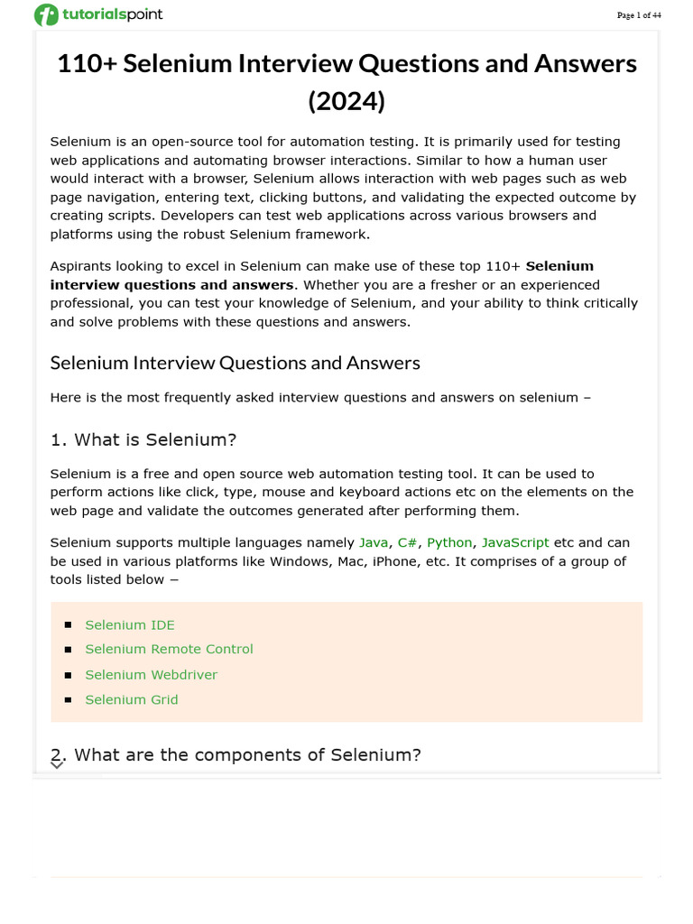 Selenium Interview Prep Guide | PDF | Selenium (Software) | Systems ...