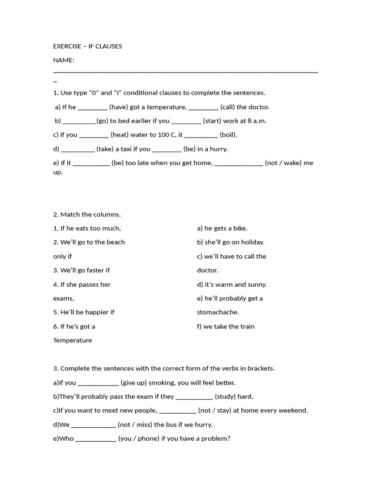 Conditional Clauses Exercise Worksheet | PDF