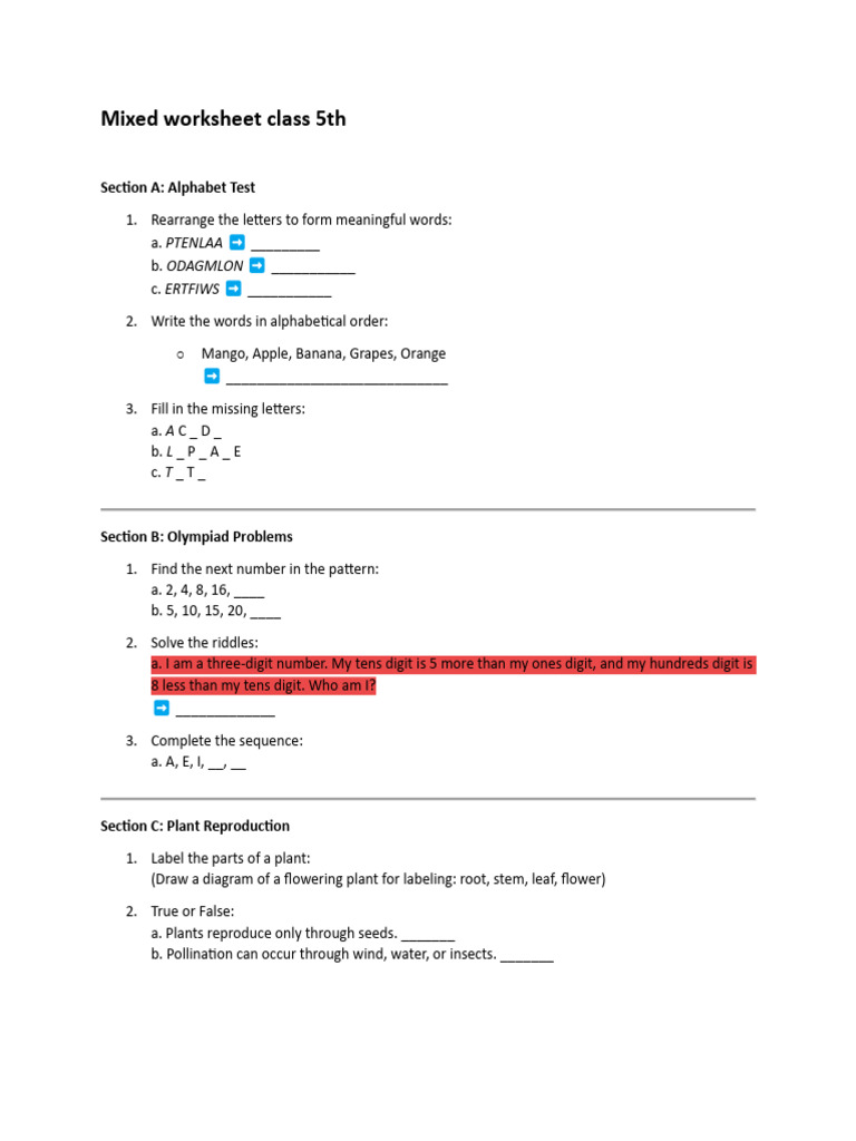 Class 5 Mixed Worksheet Activities | PDF