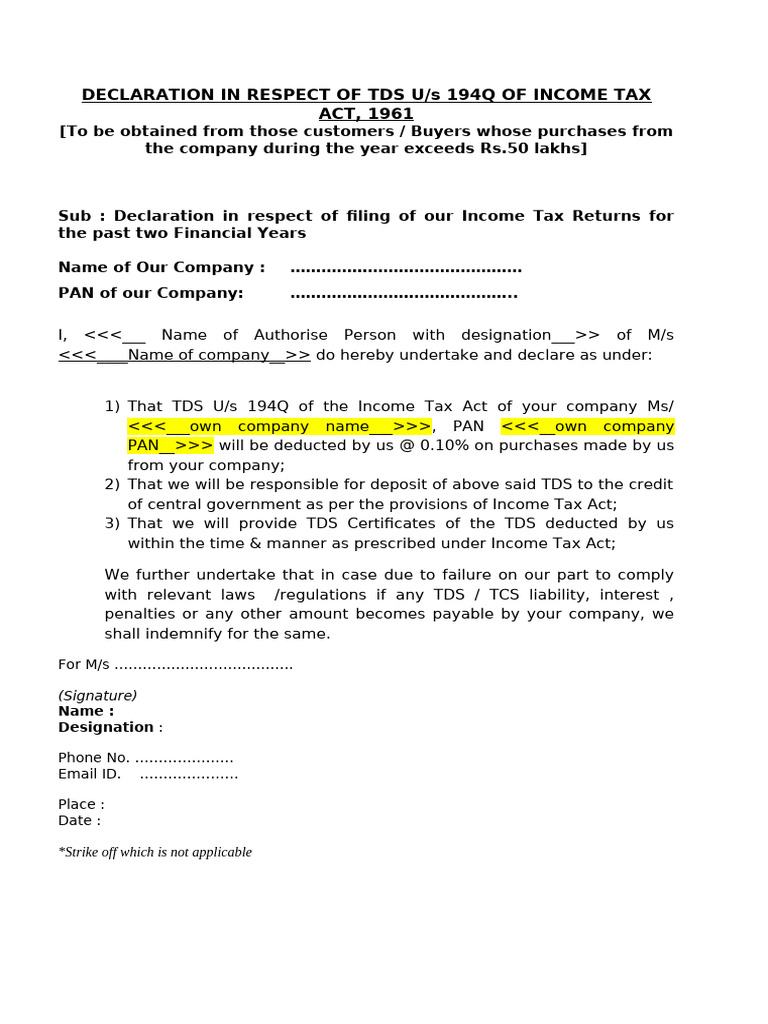 TDS Declaration Under Section 194Q | PDF