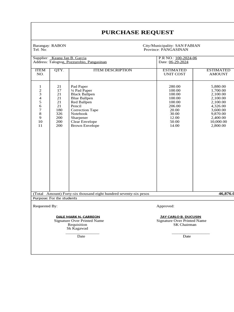 Barangay Purchase Request Form 2024 | PDF | Stationery