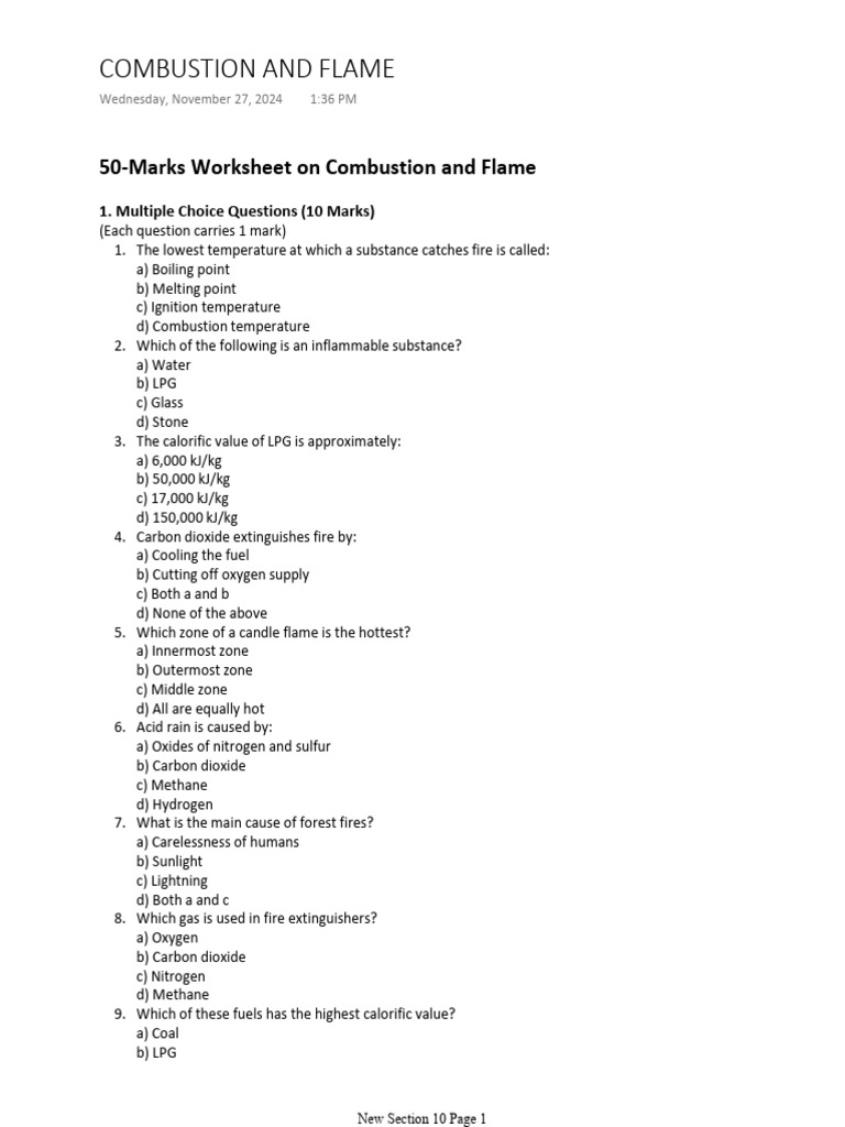 Combustion and Flame Worksheet (50 Marks) | PDF | Combustion | Fires