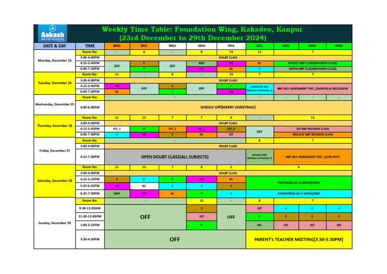TIME TABLE FOUNDATION - 23 Dec - 29 Dec | PDF