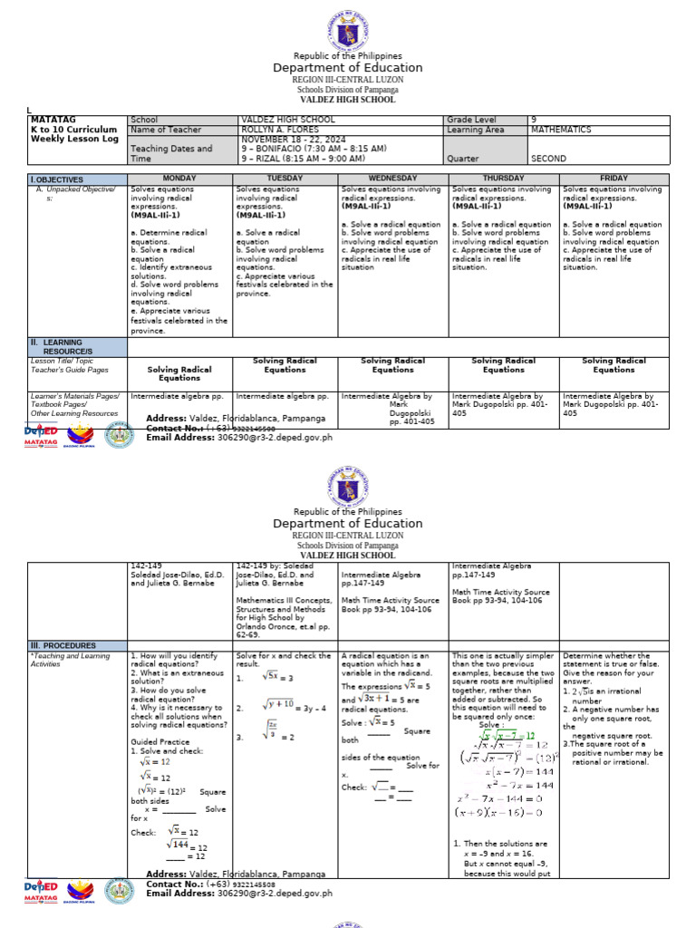 Grade 9 Mathematics Weekly Lesson Log | PDF | Algebra | Equations