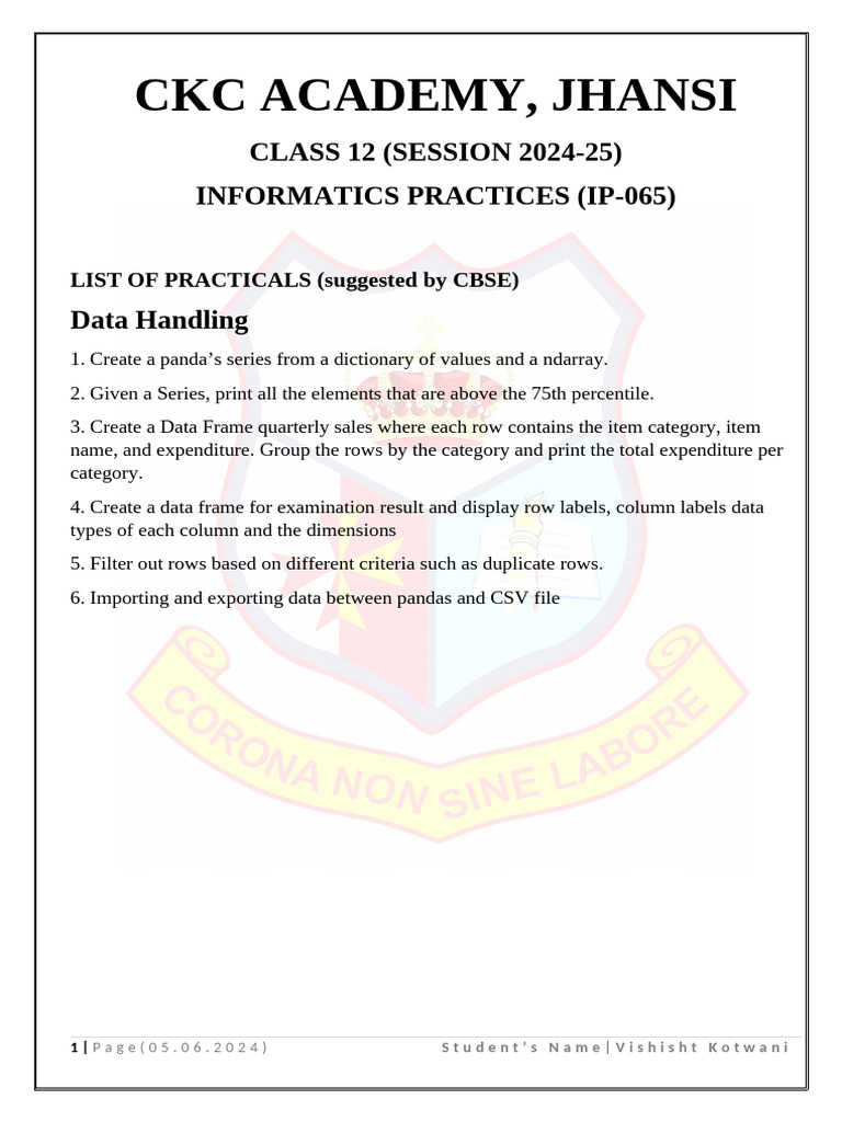 List of Practical Ip065 Xii Session 2025 CKC Academy | PDF | Computing ...
