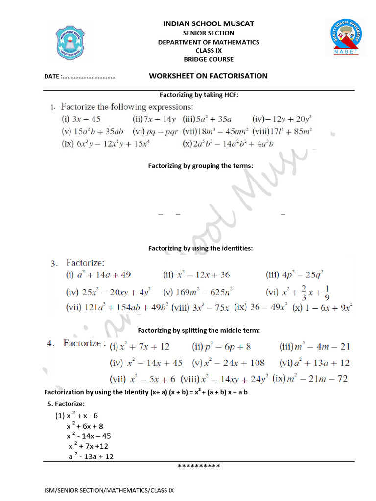 Class - Ix - Mathematics - Factorisation - Bridge Course Worksheet - 5 ...