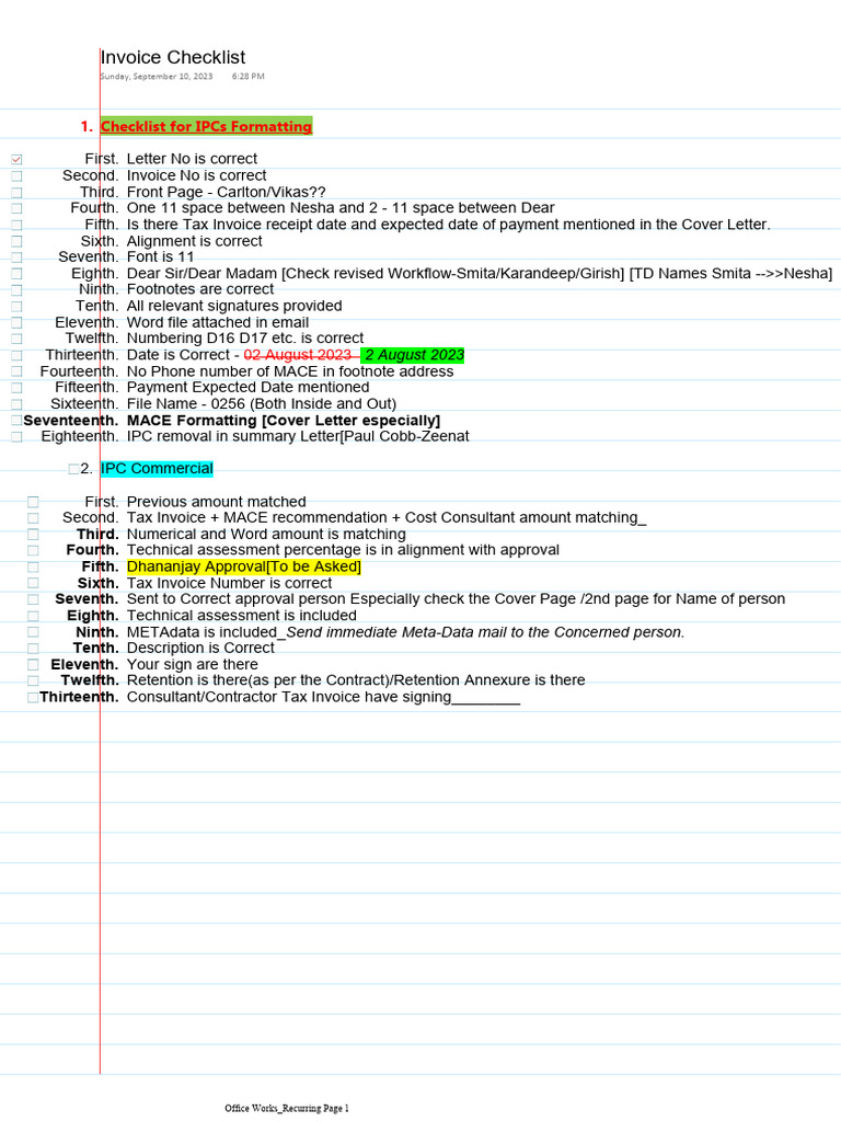 IPC Formatting & Invoice Checklist | PDF