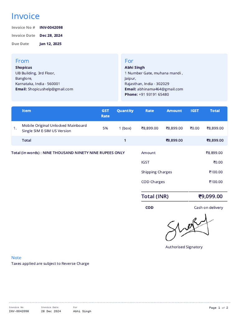 Invoice Inv 0042098 Shopicus Abhi Singh | PDF