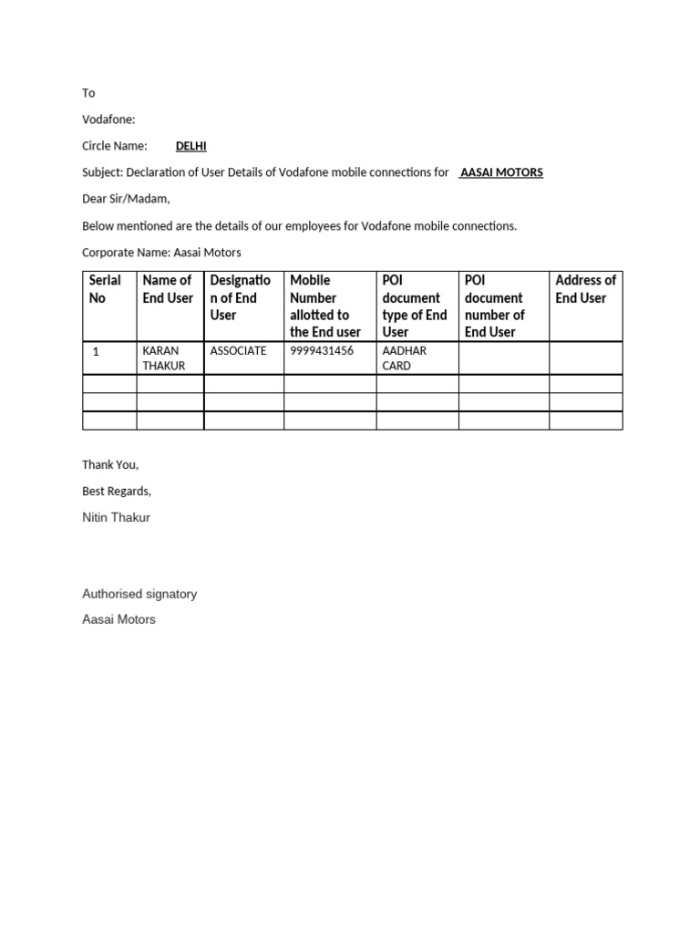 Vodafone User Details for Aasai Motors | PDF