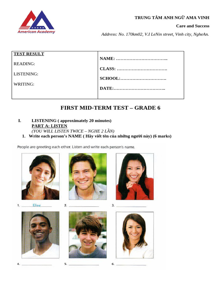 1st-Mid Term Test - Grade 6 - Ben Thuy | PDF