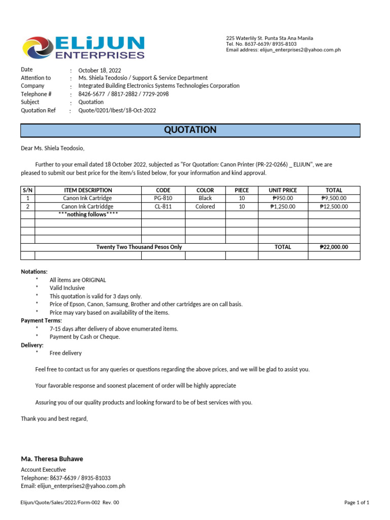 Canon Printer Quotation - Elijun 2022 | PDF