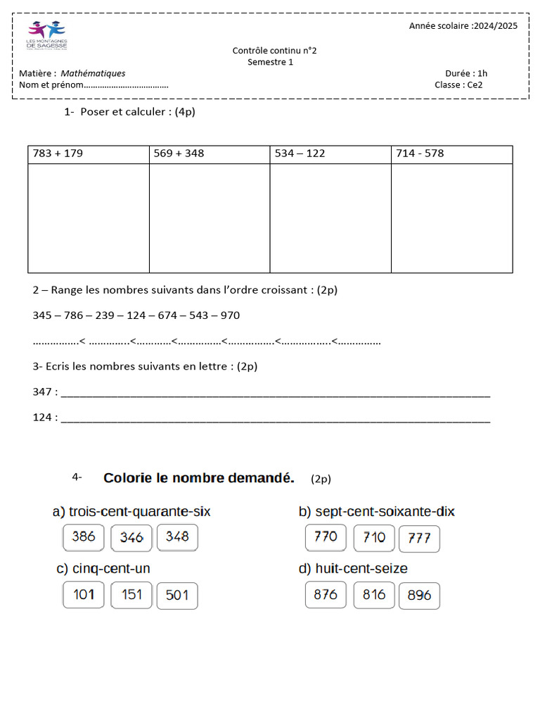 Évaluation Maths CE2 Semestre 1 | PDF