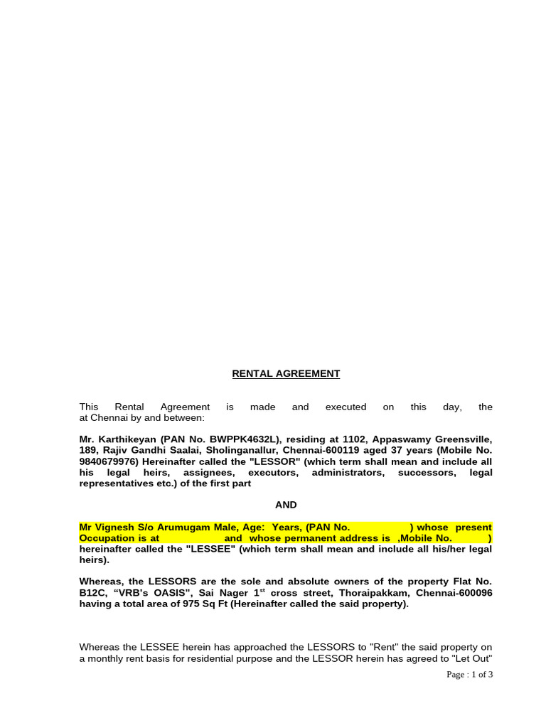 Chennai Residential Rental Agreement | PDF | Lease | Urban